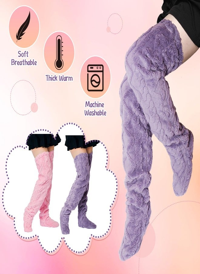 Croloose 2 Pairs High Fuzzy Socks over Knee Winter Leg Warmers Plush Extra Thick Slipper Socks for Women Christmas Sleeping(Purple, Pink,Pattern Style) - Image 3